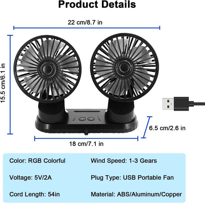 Ventoinha de carro ou secretária ajustável carregamento USB - NOVO