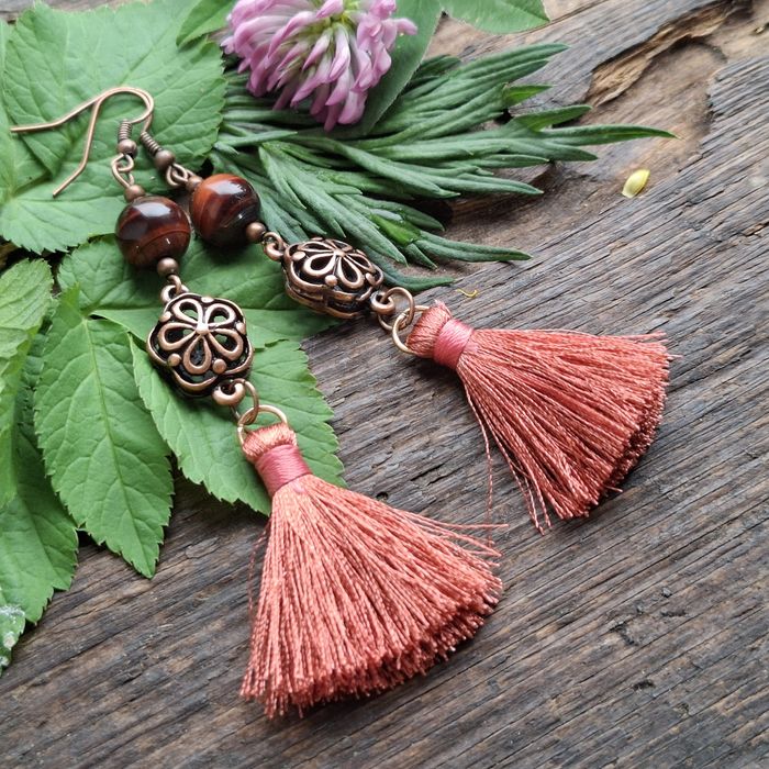 Kolczyki miedź, bawole oko, chwosty boho