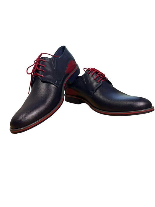 Buty męskie eleganckie skórzane wizytowe – niebieskie z czerwonym półbuty Derby rozmiar 41 DG20 NIEBIESKI CZERWONA WSTAWKA