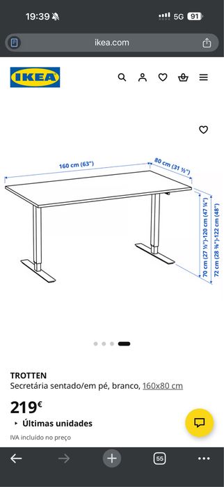 Mesa secretária sentada/em pé Ikea