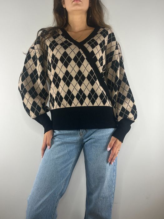 Czarny beżowy kopertowy sweter w romby vintage Bodyflirt 44/46