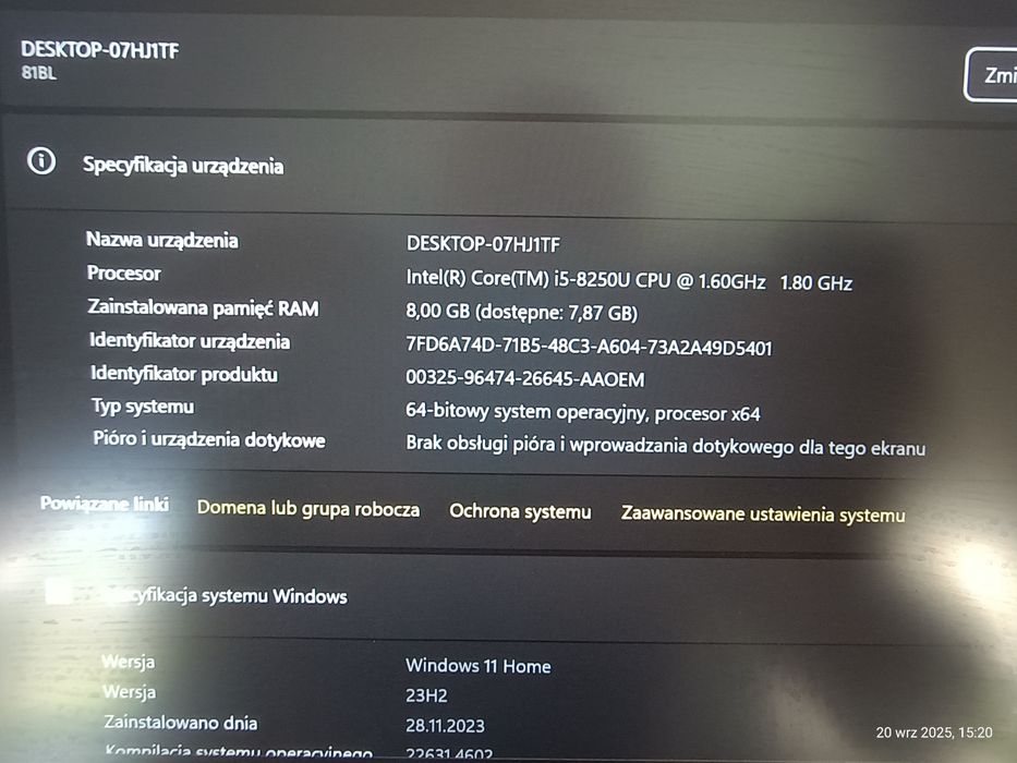 LAPTOP LENOVO IDEAPAD 520S i5-8250 RAM: 8 GB Dysk 256 NVme