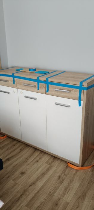Biała komoda plus dąb Sonoma + półka wisząca