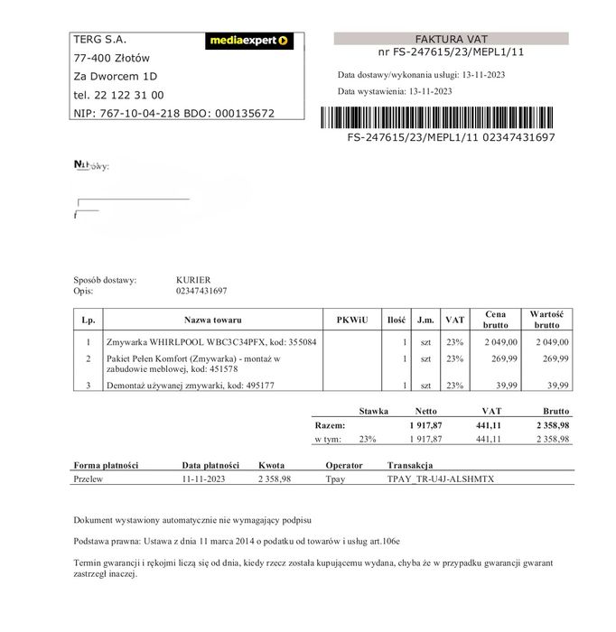Zmywarka WHIRLPOOL WBC 3C34 pfx