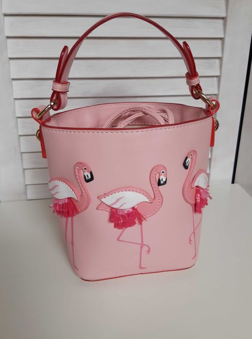 Стильная сумка ведро, сумочка в руку с фламинго