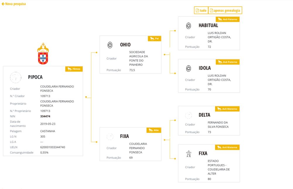 Éguas Lusitanas registadas  e pontuadas Ortigao Costa