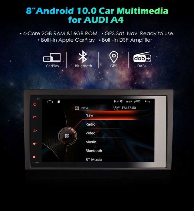 Auto radio Audi A4 Android 14 2 din radio/dvd/cd/usb/sd/gps/bluethoo