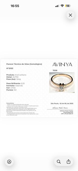 Anel Solitário em Ouro 18K (AU750) com Diamante Natural – Certificado Gemológico