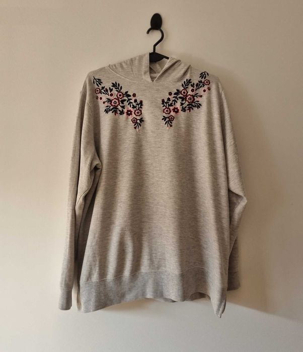Bluza z kapturem damska szara z haftem 42 XL bluza w kwiaty na jesień