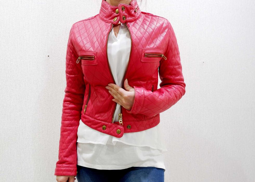 Куртка косуха кожаная натуральная стеганная укороченная розовая xs