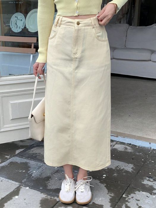 Spódnica  Jeansowa Maxi Bawełniana Prosta Beżowa Dazy Xs 34