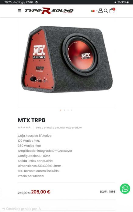 Subwoofer MTX    AMPLIFICADO    TRP8 350w
