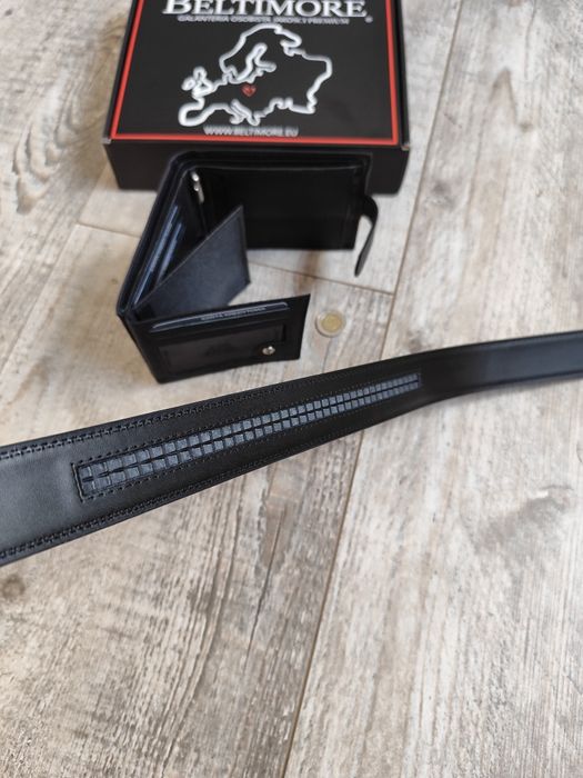 Zestaw nowy prezent męski skórzany pasek i portfel czarny pudełko 110