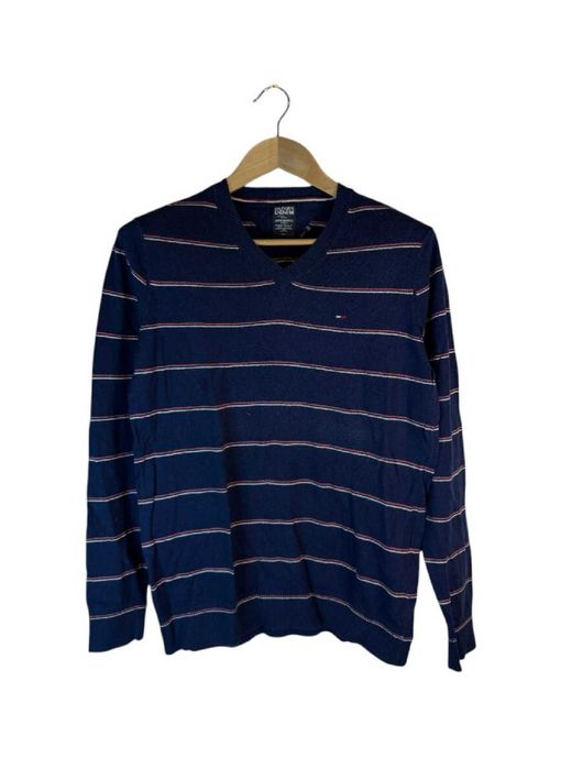 Sweter w serek Tommy Hilfiger granatowy paski logo m