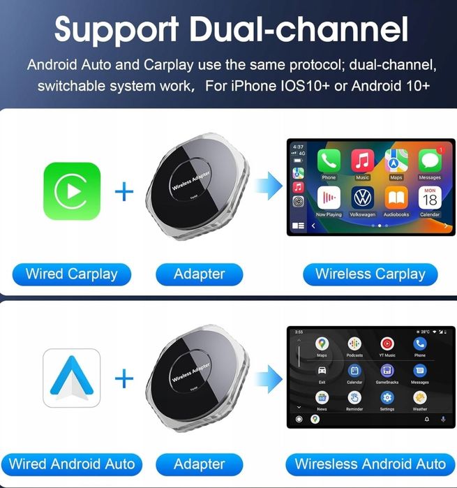 Z1 CRYSTAL Bezprzewodowy adapter Carplay 2w1 Android Auto, iOS 10+
