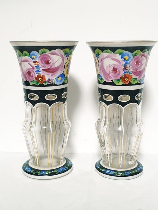 A pair of exquisite antique Art Nouveau vases made of hand-enamelled crystal