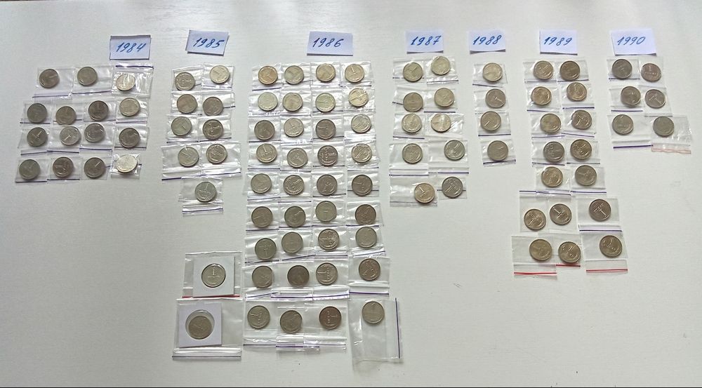 Набор рублей (годовиков) СССР с 1984 по 1990 год. 91 штука.