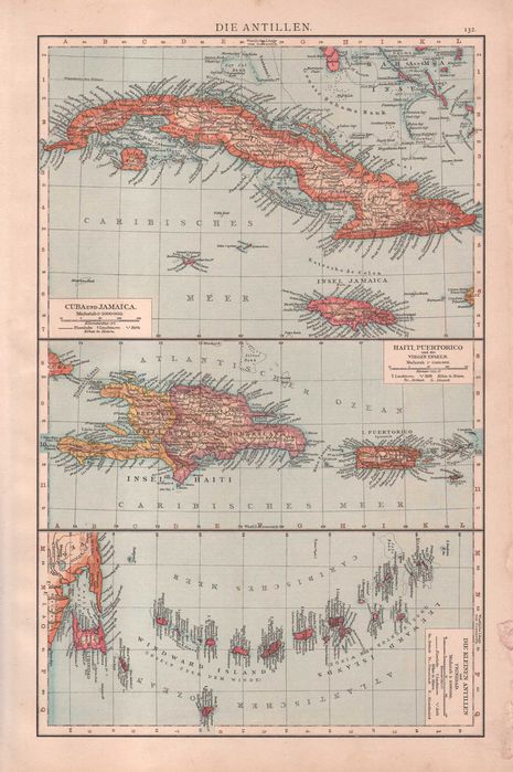 Kuba Jamajka Haiti Portoryko Antyle stara mapa 1893 rok autentyk