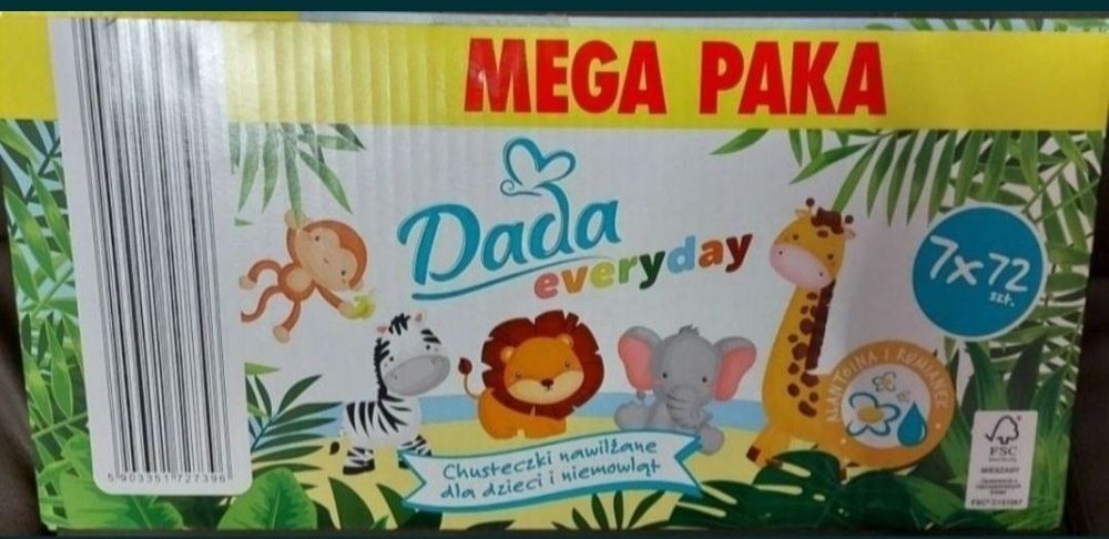 1zł Wysyłka Mega Paka Chusteczek DADA Everyday 7op. Karton Zielone NOW
