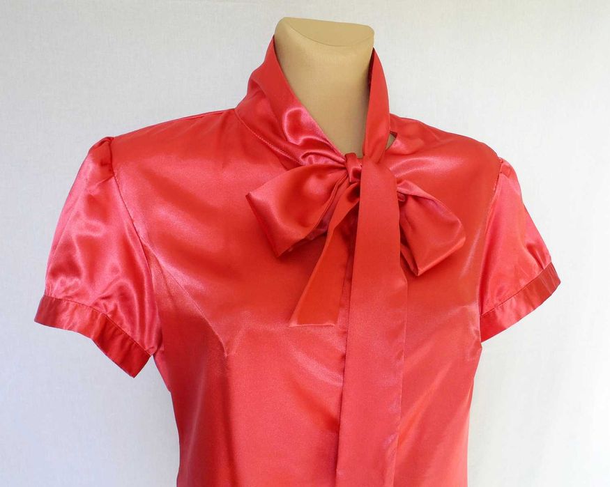 bluzka koszula z wiązaniem, czerwona, satynowana, L, Carry