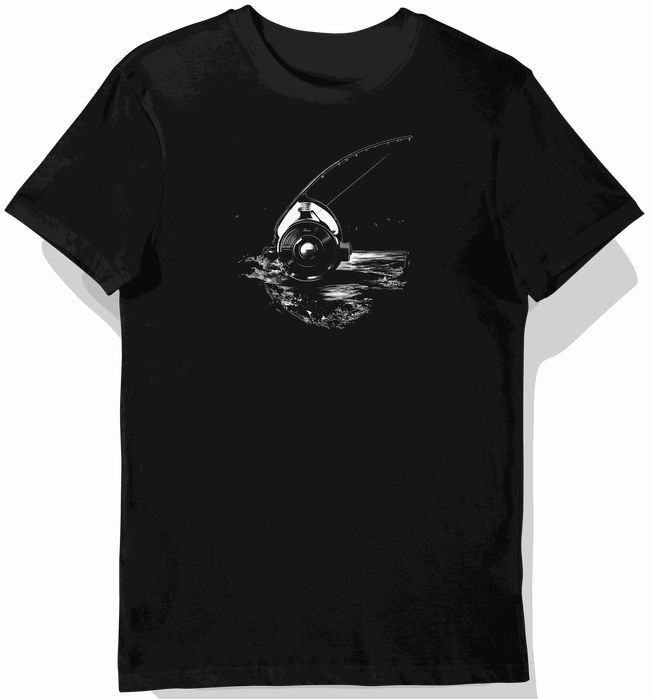 Koszulka męska czarna z motywem wędkarskiego kołowrotka L