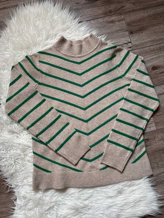 Sweter półgolf w zielone pasy, paski w kolorze beżowym, brązowym M