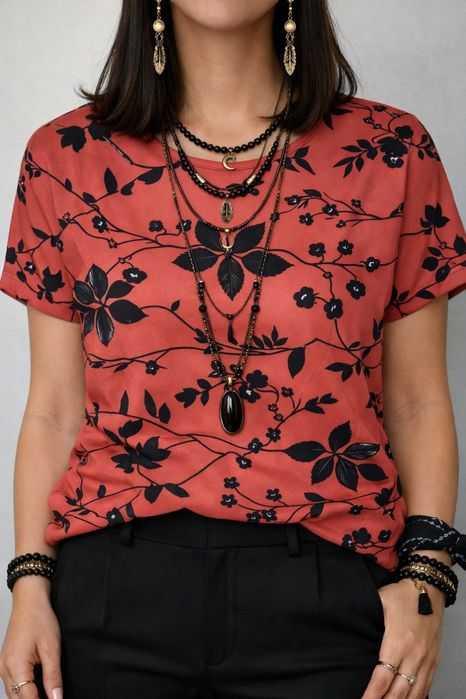 Blusa Fluída Coral com Estampa Botânica / Floral Preta - Tamanho XL - Nova!