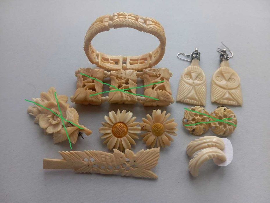 Резная кость браслет, серьги, клипсы, брошь, винтаж.