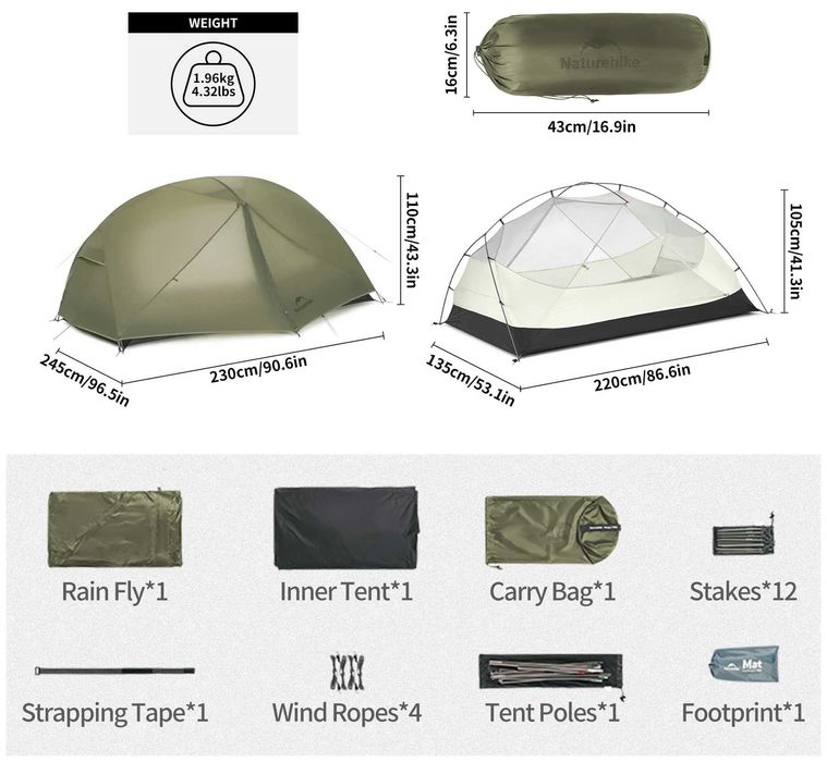 Намет палатка Naturehike Mongar PRO 1-2, Mongar UL 1-2, Mongar 2 20D 210T нейлон / поліестер