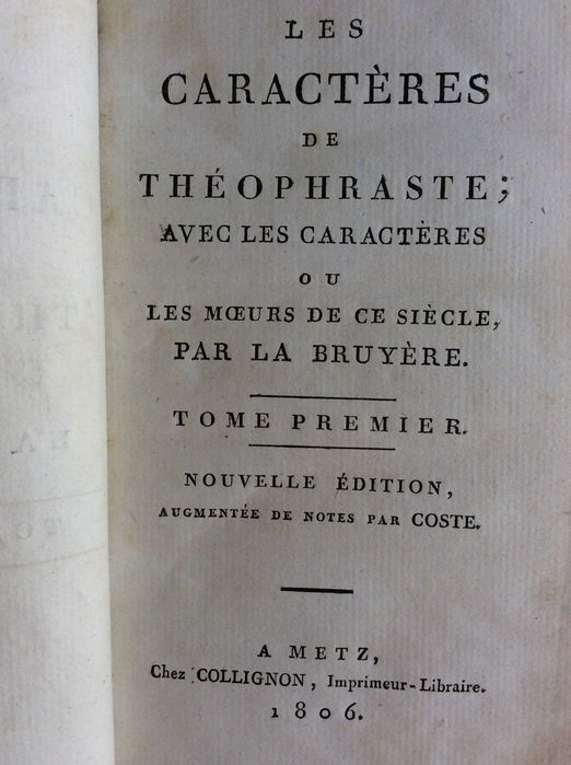Les Caractères de Théophraste, traduits du grec... 2 volumes ( obra completa ). Ano 1806