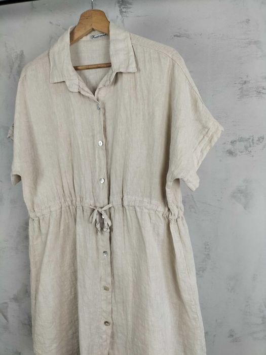 Nowa beżowa fango sukienka midi szmizjerka oversize lato boho len linen lino lniana 100%