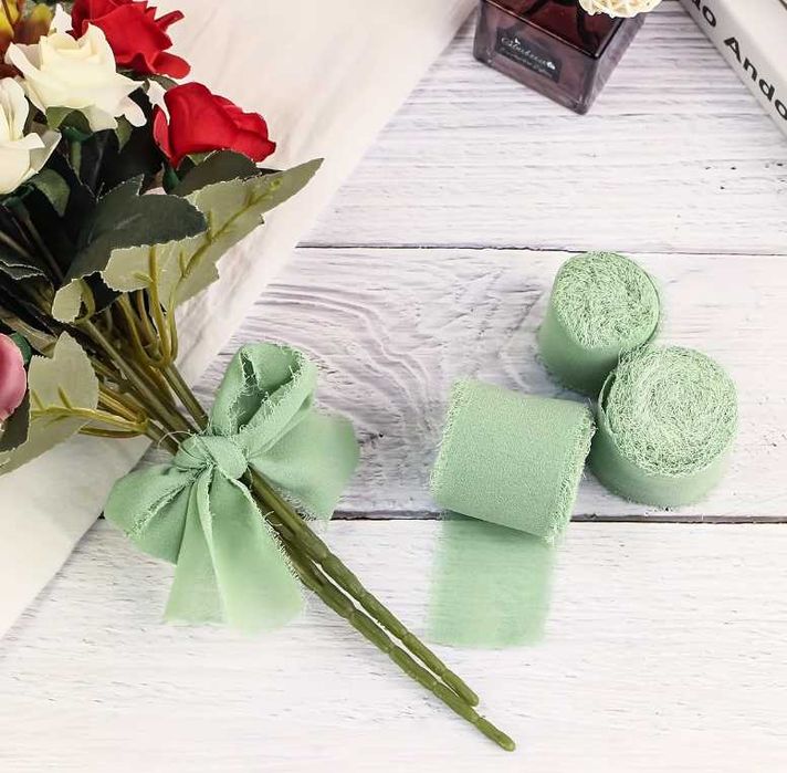 Szałwiowa wstążka szyfonowa ręcznie rwana 4 x 500 cm - Hit sezonu 2025