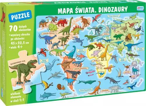 Puzzle 70 elementów. Mapa świata. Dinozaury. Jako. Nowy Produkt