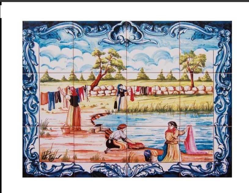 Paineis Azulejos Donas de Casa Árvores um Lago no Campo Quadro Típico