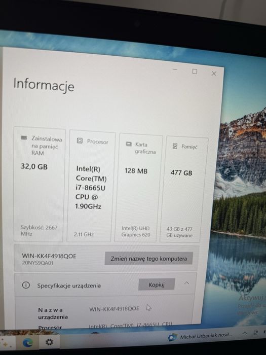 Lenovo t490s, i7, 32 ram, 512 gb, dotyk, bateria trzyma  4-5 godz