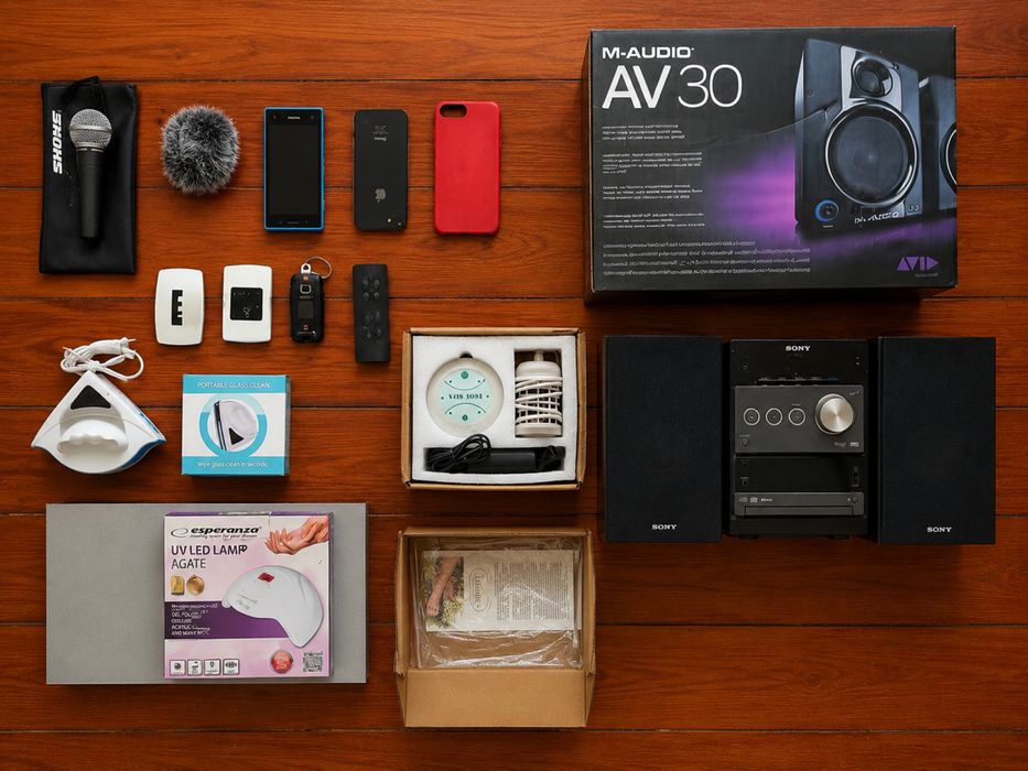 Conjunto eletrónica áudio Sony + M-Audio + Shure + acessórios