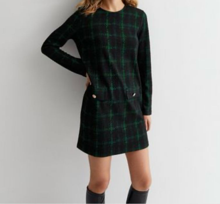 Sukienka mini New Look Petite, zielono-czarna krata, rozmiar 34 (EU)