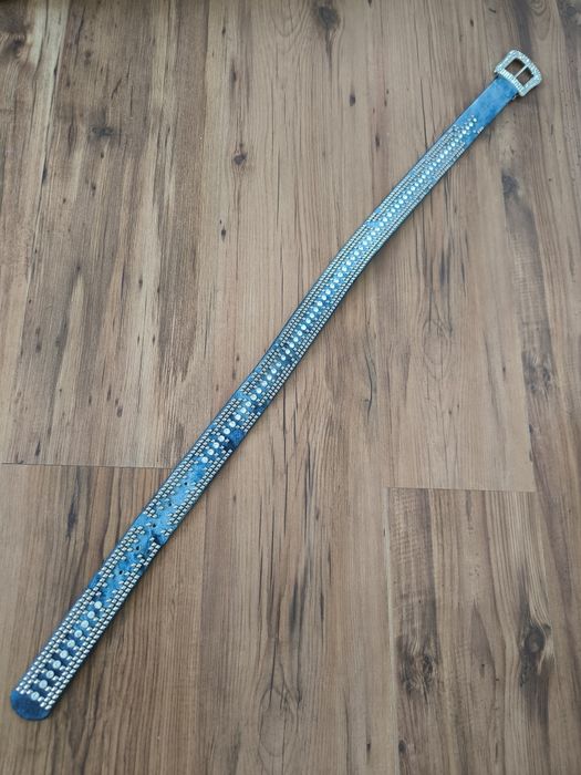 Croute De Cuir pasek damski niebieski kryształki ćwieki 85 aa'la jeans ozdobny