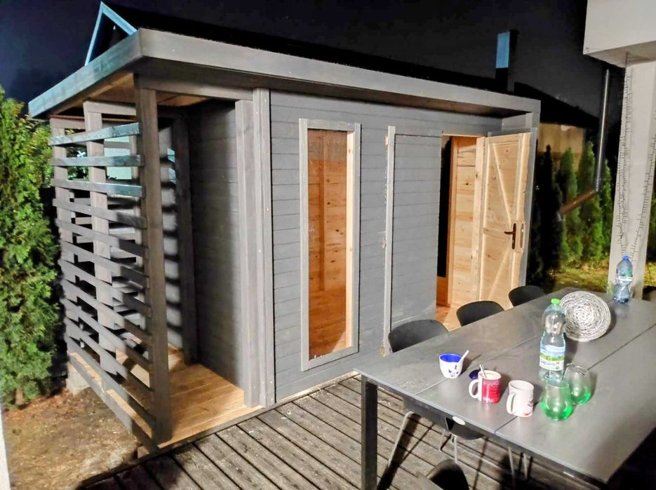 %RATY% Nowoczesny domek narzędziowy z drewutnia zadaszeniem