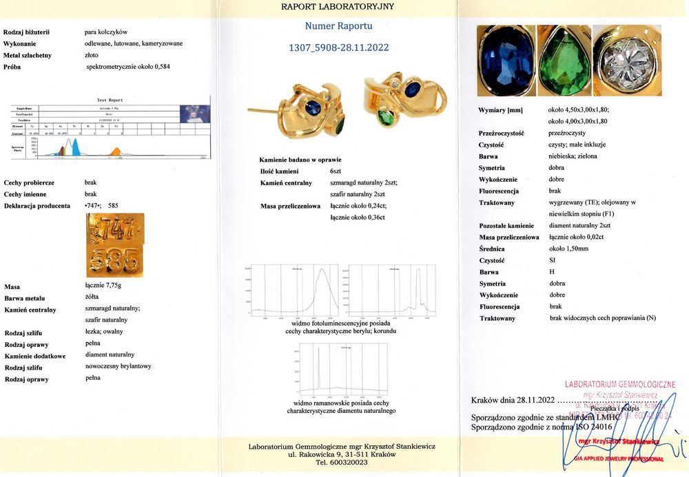 Złote Kolczyki - 14K - 7,75g - SZAFIR - SZMARAGD - DIAMENT - Kraków