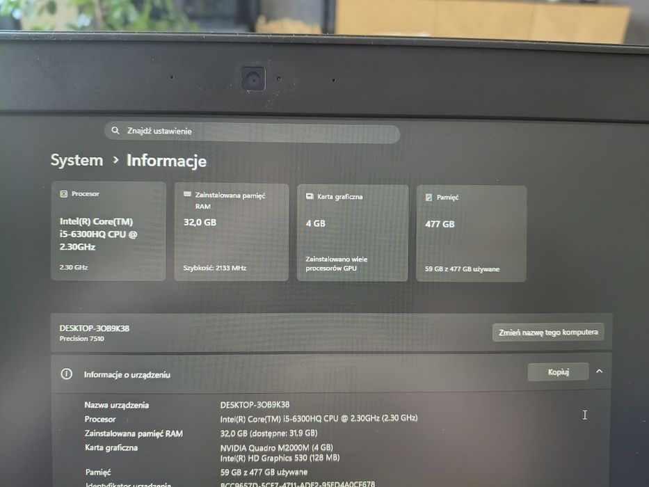 Stacja robocza DELL Precision 7510 i5/32RAM/500GB SSD/ NVIDIA
