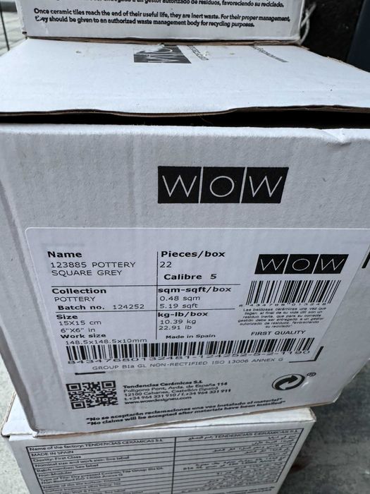 Płytki WOW Pottery Square Grey 15x15 2.4m2, 5 opakowań, NOWE
