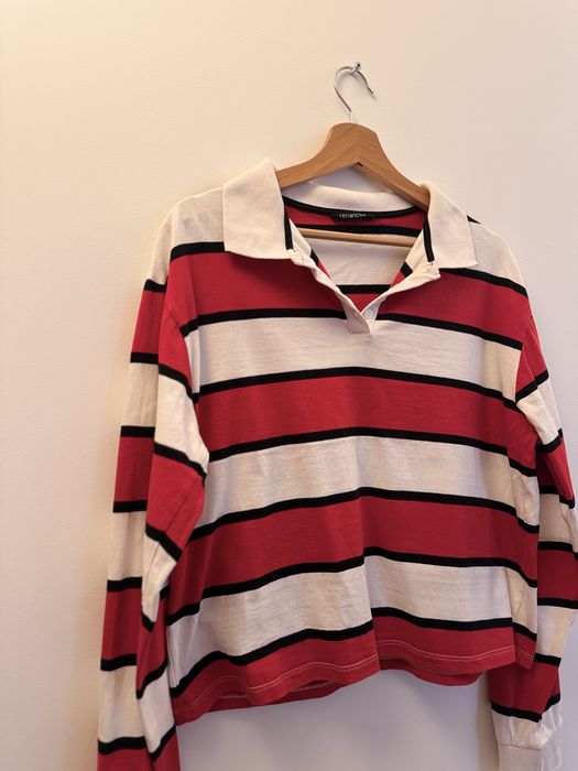 Terranova Polo Longsleeve w Paski Bawełna L 40 Czerwona Biała Crop Polo Stan Idealny