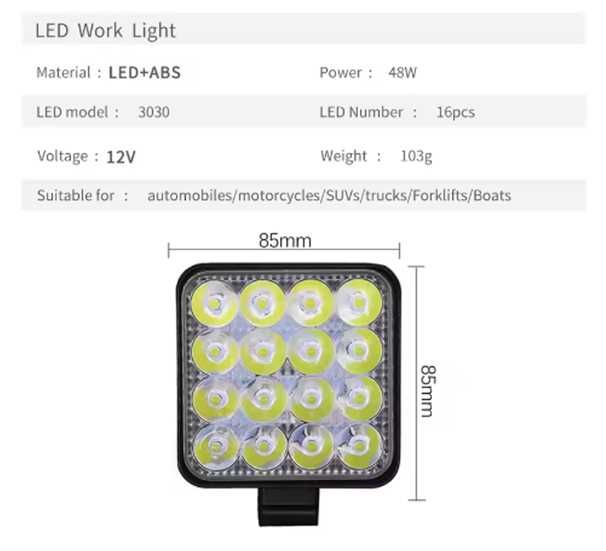 Focos, projectores, Farois para Jipe, Carros, Camião, Barco 12V, 48W