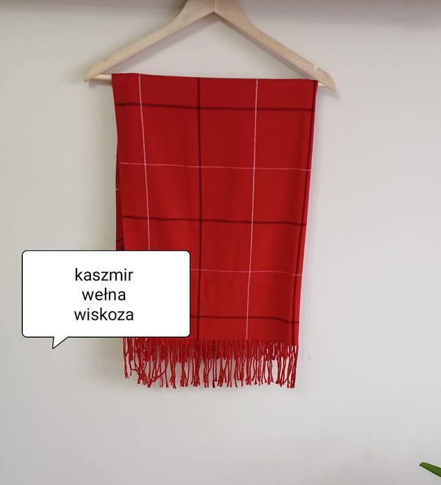 czerwony szal w kratę wełna + kaszmir