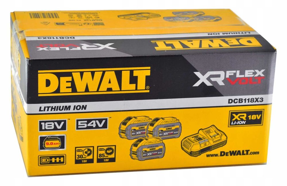 ZESTAW zasilający 3 akumulatorów 54V 9,0AH i ŁADOWARKA DEWALT DCB118X3