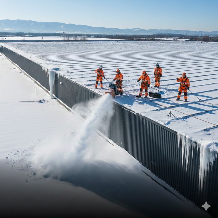 Odśnieżanie dachów wielkopowierzchniowych – hale, magazyny, sklepy