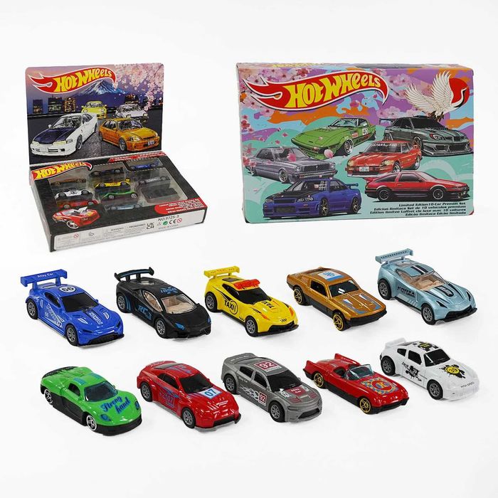 Набір машинок, 10 штук у коробці, 2 види (металопластикові, інерційні)