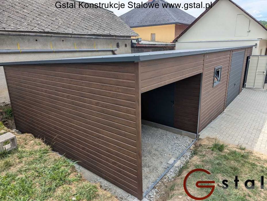 garaż blaszany 12x6 wiata okno drzwi filc orzech profil zamknięty