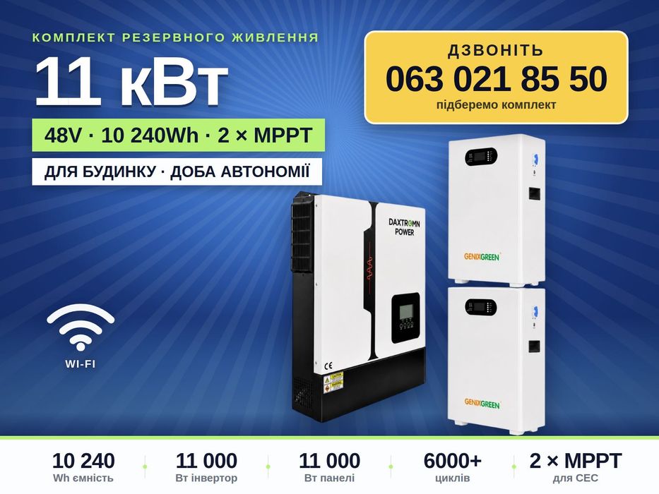 Комплект "ДОБА АВТОНОМІЇ" 11 кВт 10.24 кВт·год LiFePO4 2 MPPT Резервне живлення для будинку / квартири
